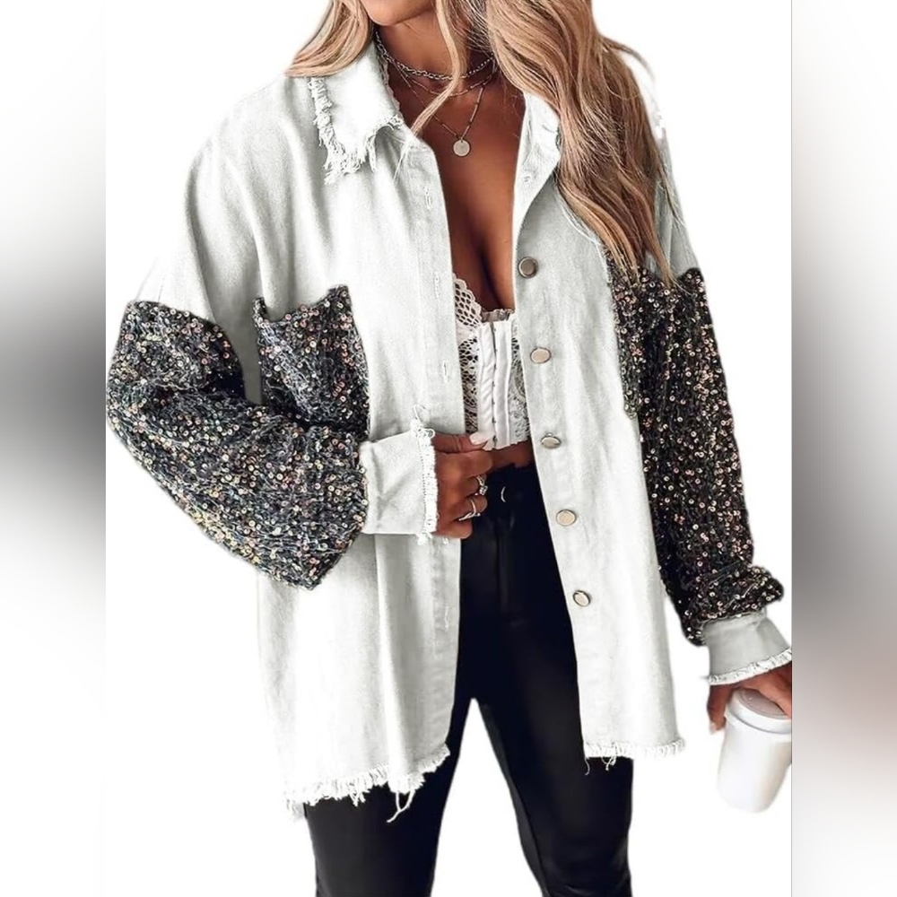 ChicMe White Jean Jacket with Sequin Details